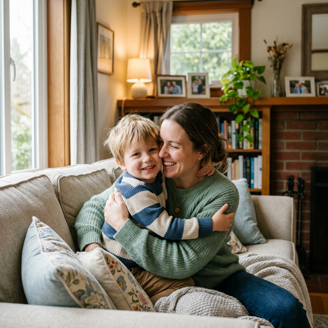 Mãe sorrindo abraçada amorosamente com seu filho em uma sala de estar acolhedora e iluminada